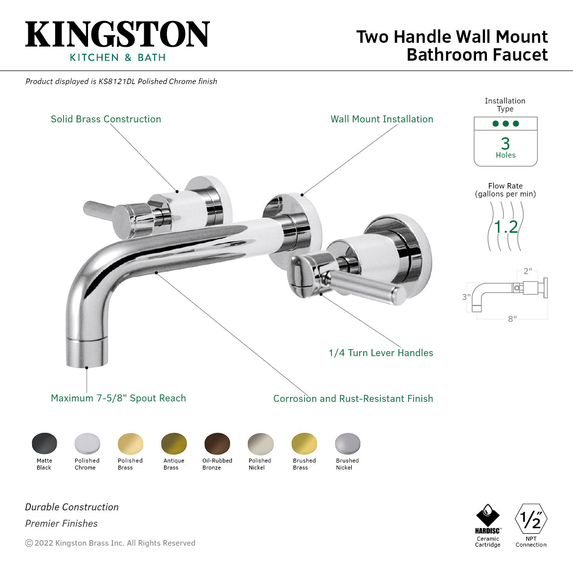 Kingston Sona KS8128DL - Concord Double-Handle 3-Hole Wall Mount Bathroom Faucet, Brushed Nickel — thumbnail 3